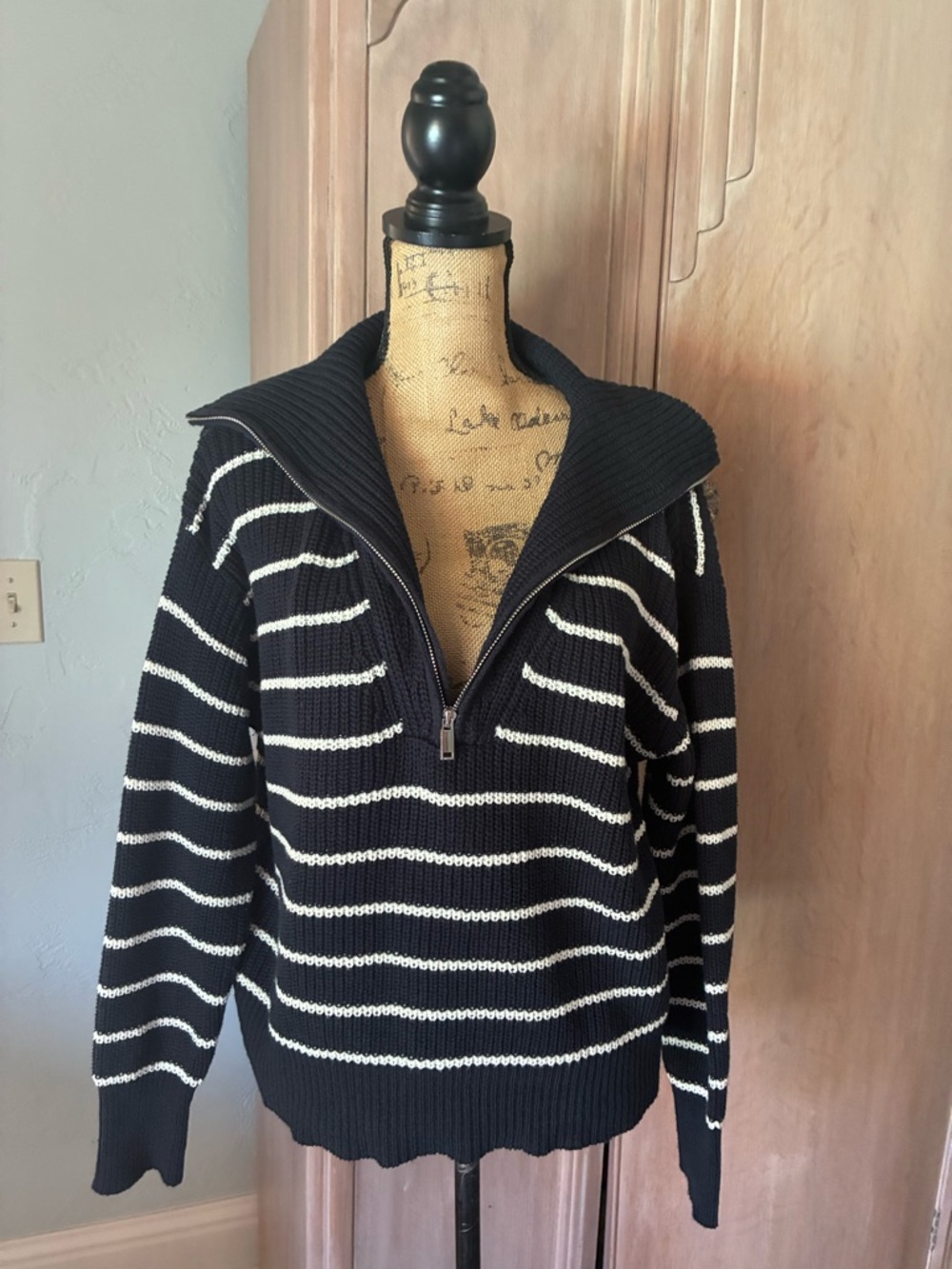 Be Cool Mariner Sweater White Navy Striped Half-Zip academia preppy nautical M